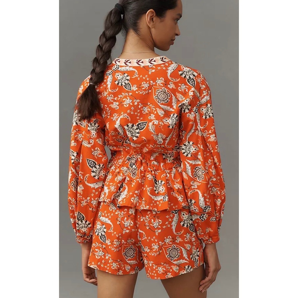 Farm Rio Anthropologie Long Sleeve  Romper Red Orange Floral Cotton $228 NWT - Picture 2 of 14